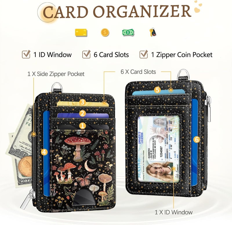 Kelvoris Mushrooms Credit Card Holder Small Wallet Women, Moon Slim RFID Blocking Wallet Woman Keychain with Zipper Coin Pocket, Front Pocket Thin Travel Card Case Organizer with ID Window Ladies Gift - Image 3